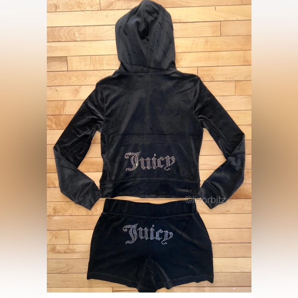 NEW! JUICY COUTURE Velour OG Bling Hoodie & Shorts Set Black Size S - Picture 2 of 3